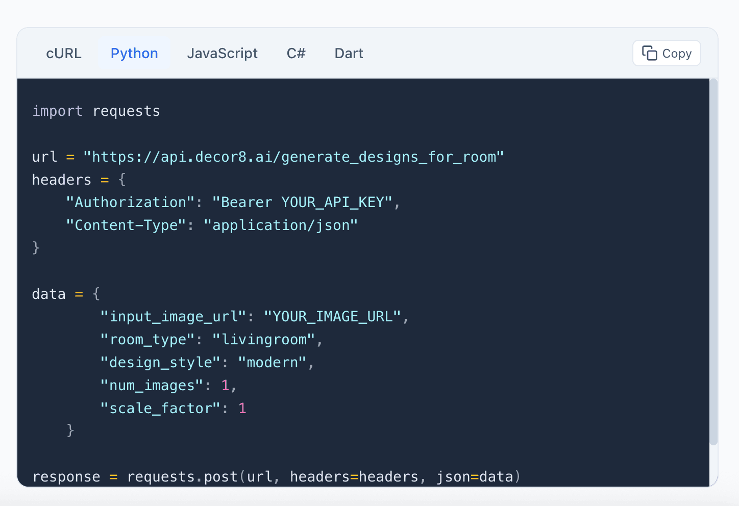 Python code example for Decor8 AI API