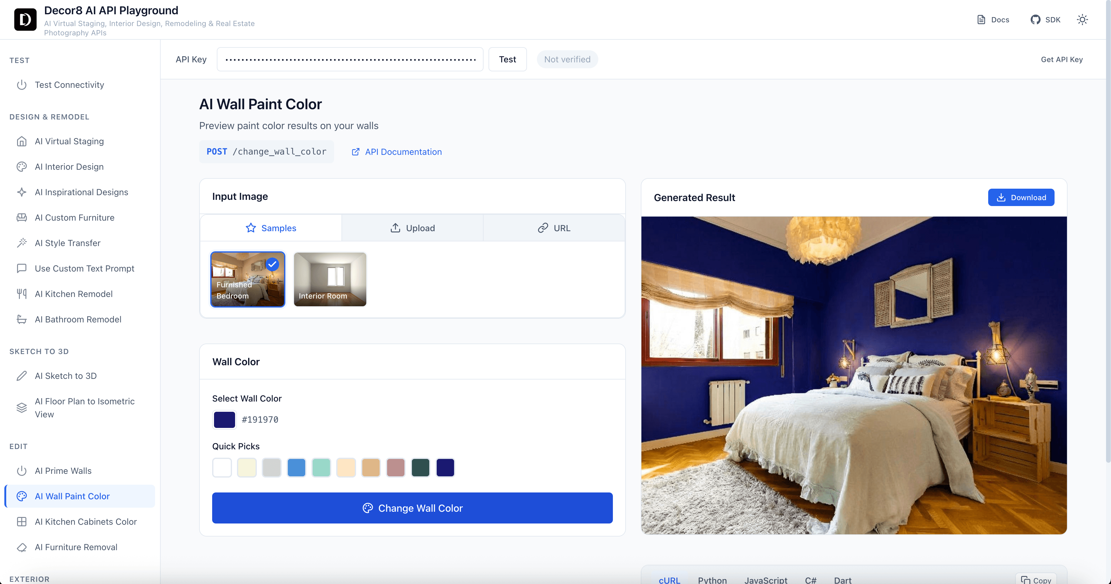 Wall paint color visualization API