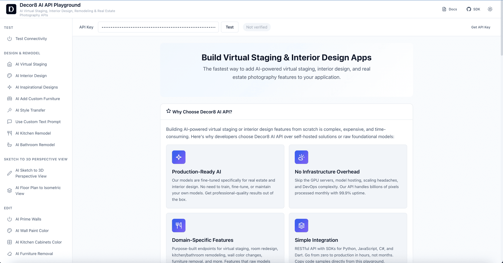 Decor8 AI API Playground interface overview