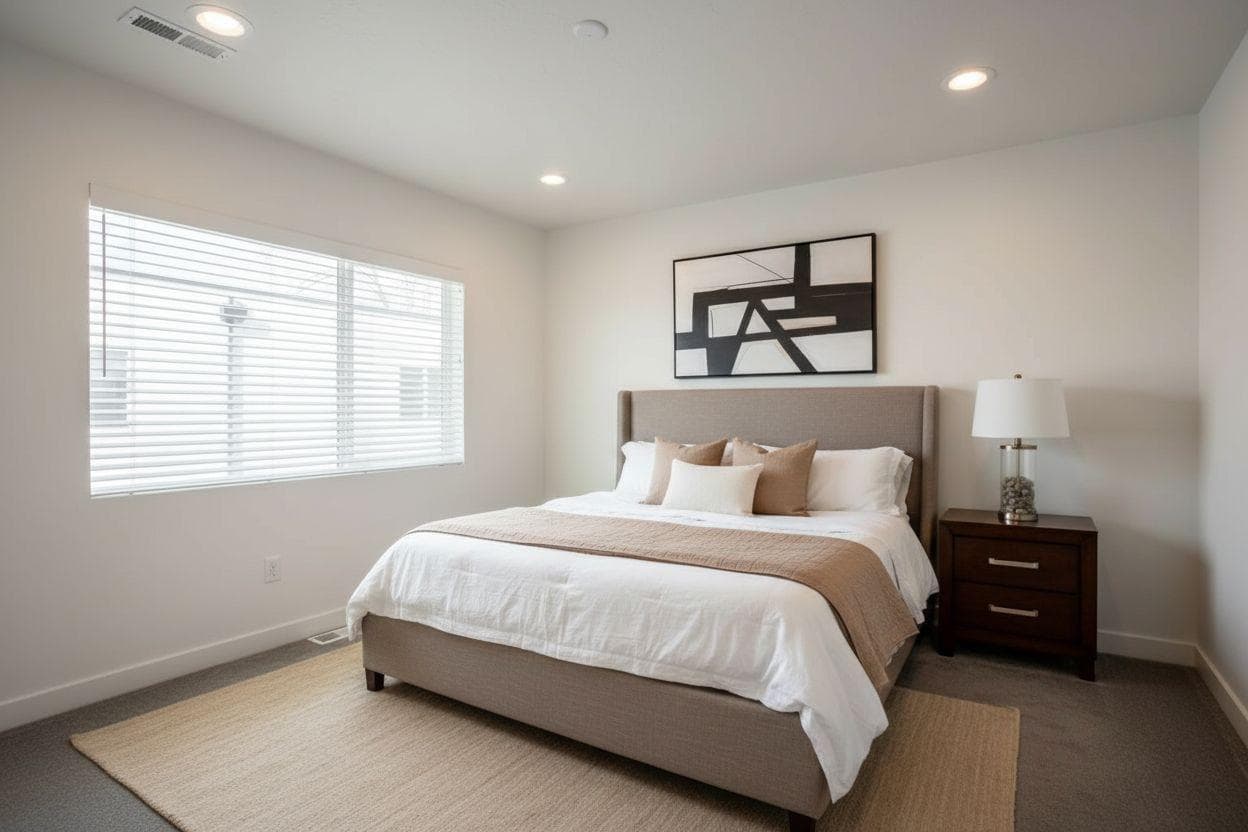 Bedroom virtually staged with bed and decor