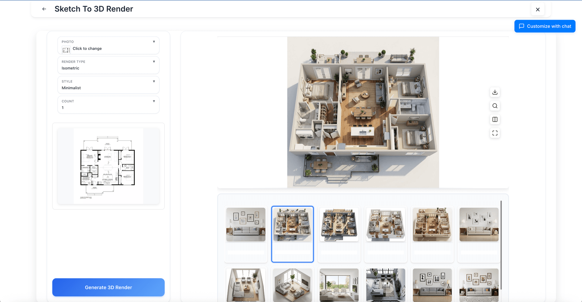 Sketch to 3D render feature in Decor8 AI web app
