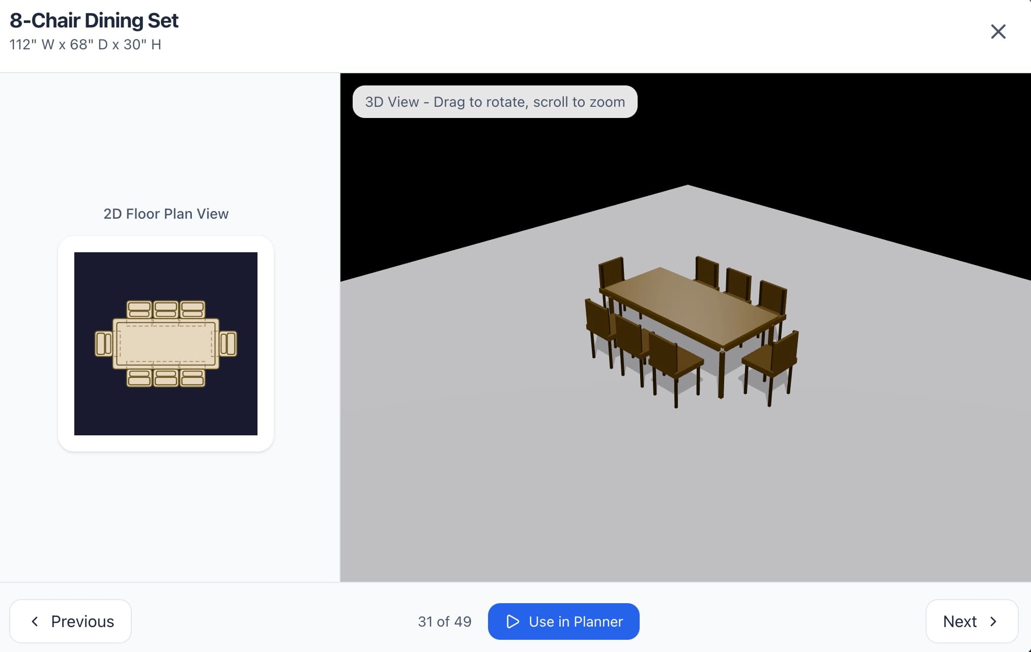 Furniture catalog showing 2D and 3D furniture previews