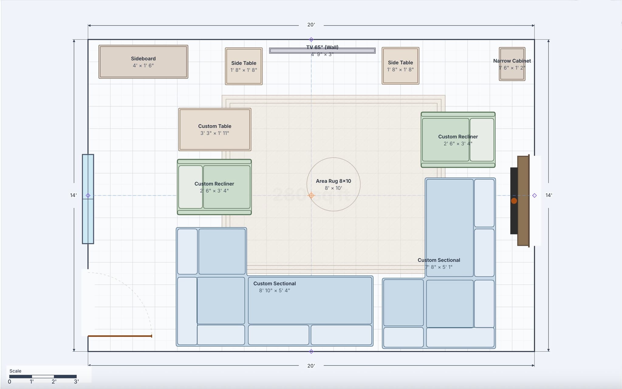 Room planner showing furniture with real dimensions and measurements