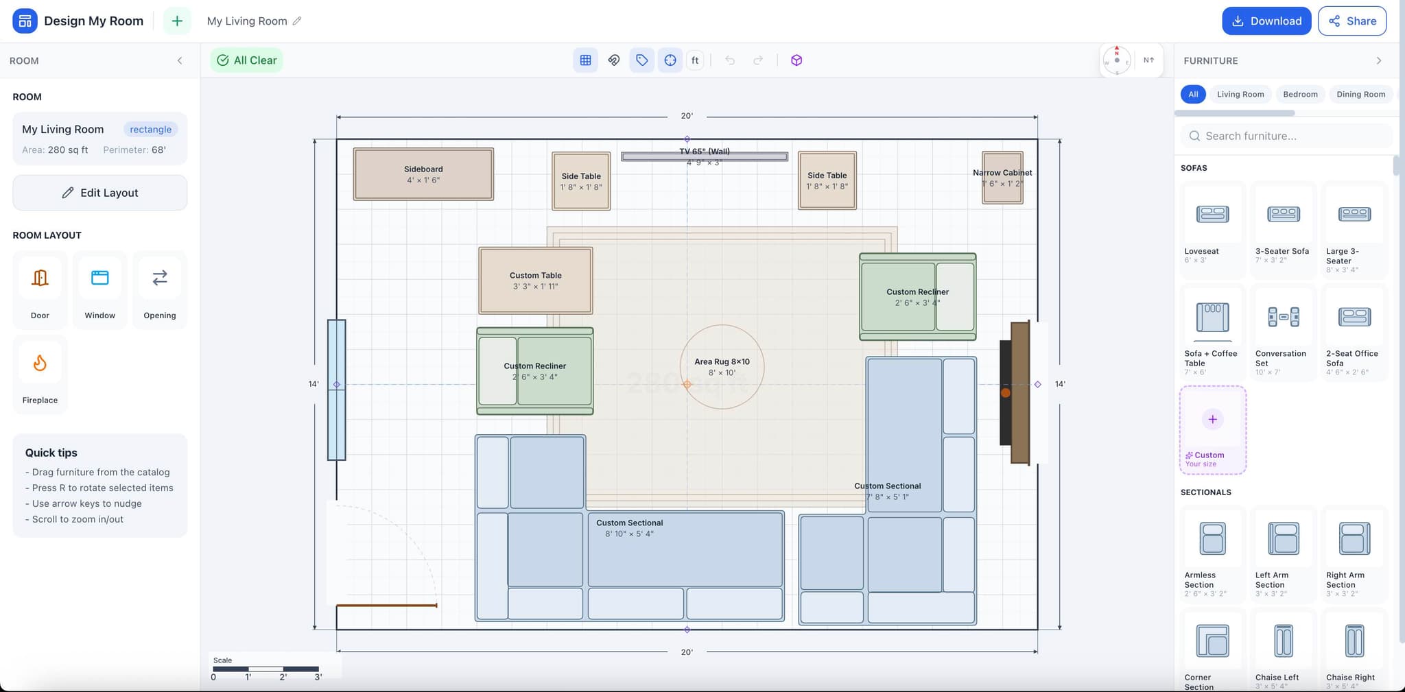 Free Room Planner - Design your living room layout with drag and drop furniture placement